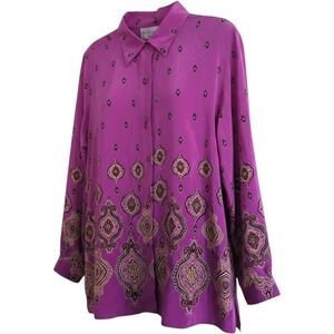 Lg Silk Lore Beth Terrell Magenta Medallion Button Blouse Boho Lagenlook